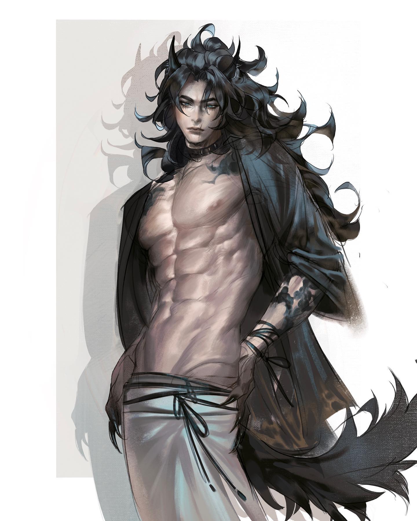 the image is a digital painting or illustration of a strikingly handsome, muscular male character with long, dark hair and small horns. his style blends anime and fantasy elements. he is partially barechested, showcasing a toned physique, and wears a dark kimono or robe over lightercolored pants. the artwork is highly detailed, with attention paid to the character's musculature, hair, and clothing textures. the background is a simple, light grey, focusing attention on the character. the overall mood is dramatic and stylish, with a hint of seductive allure. the art style is smooth and painterly, lacking harsh lines.