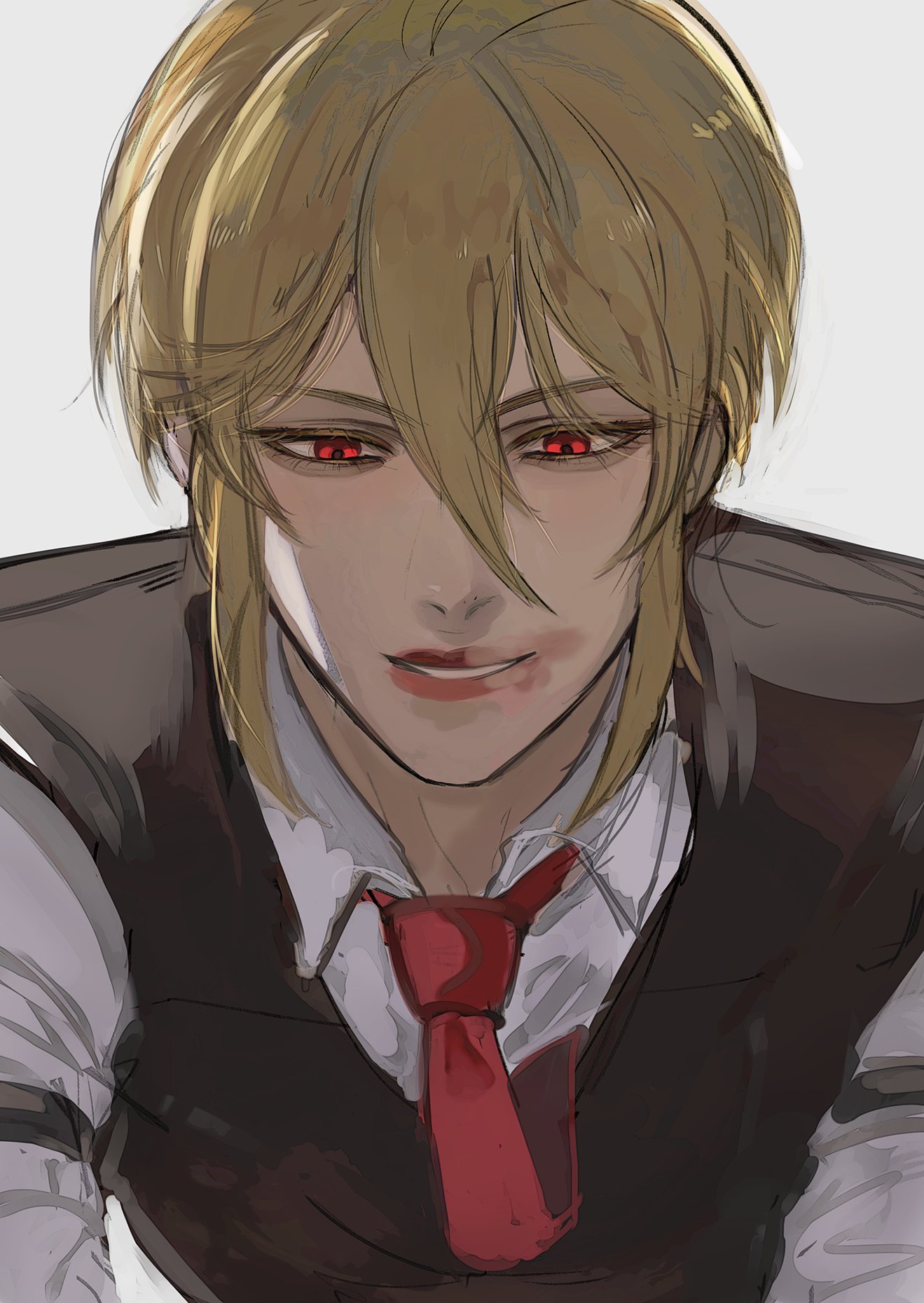 an animestyle illustration of a young man with blonde hair and red eyes. he is wearing a suit with a red tie and white shirt. he is looking down with a slight smile on his face. the illustration is very detailed and the lighting is dramatic.