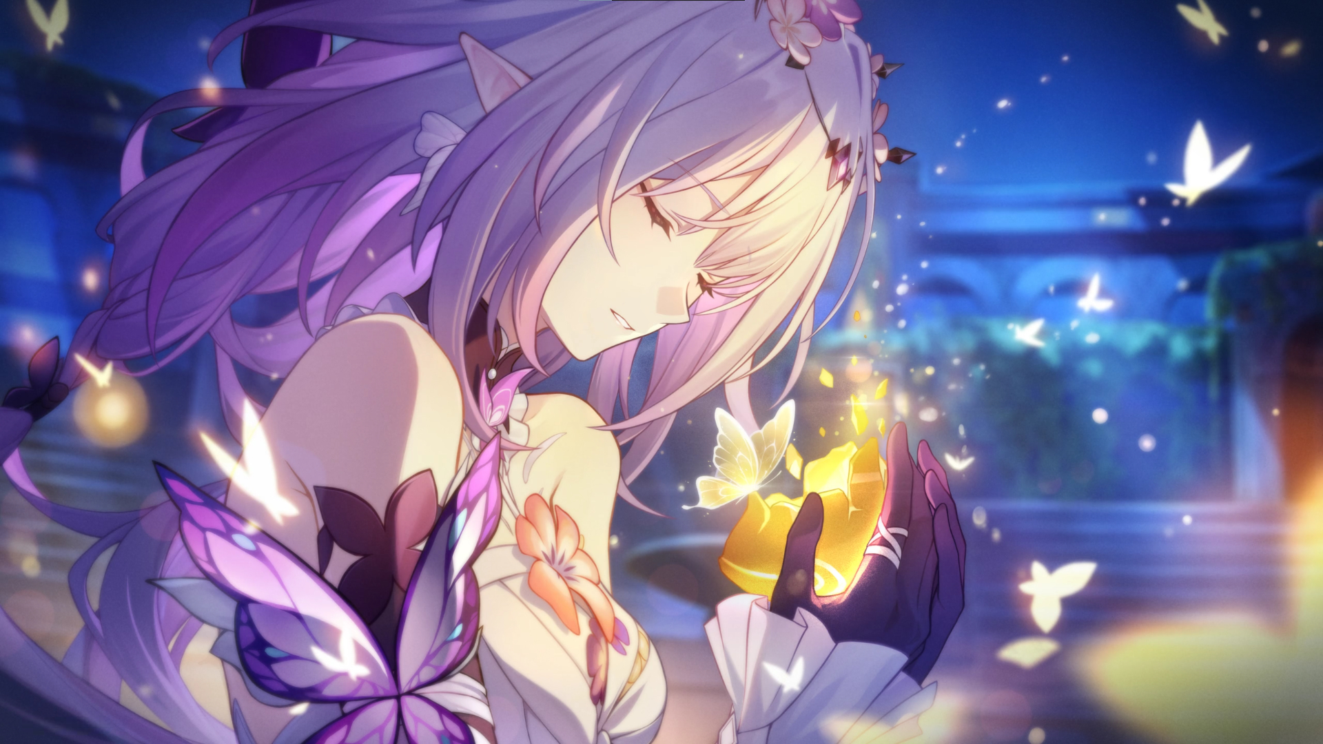 the image is a beautiful animestyle illustration of a young woman with long, flowing purple hair and elflike ears. she is wearing a flowing white and purple dress adorned with butterflyshaped wings and flowers. she appears to be holding a glowing golden orb or object in her hands, surrounded by sparkling lights and butterflies. the background is a dreamy, night scene with a soft blue and purple hue. the overall mood is magical and ethereal, conveying a sense of fantasy and wonder. the style is reminiscent of artwork from games like genshin impact.