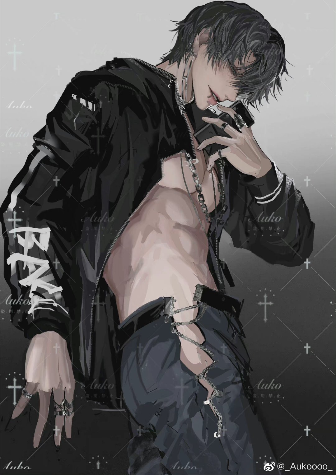 the image is a stylized, animestyle drawing of a young man with black hair and pale skin. he is shirtless underneath a black, cropped jacket that features distressed detailing. his jeans are also black and distressed, with chain accents. he is accessorized with multiple silver rings and a chain necklace. he holds a smartphone in his right hand and stares directly at the viewer with a cool and confident expression. the background is a simple gray with faint white cross motifs.  the overall aesthetic is edgy and stylish.