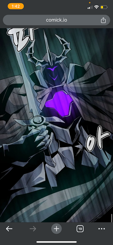 a digital illustration of a knight in dark armor holding a sword. the knight has a purple gem on his chest and is surrounded by a dark, shadowy background. the image is in the style of a comic book.