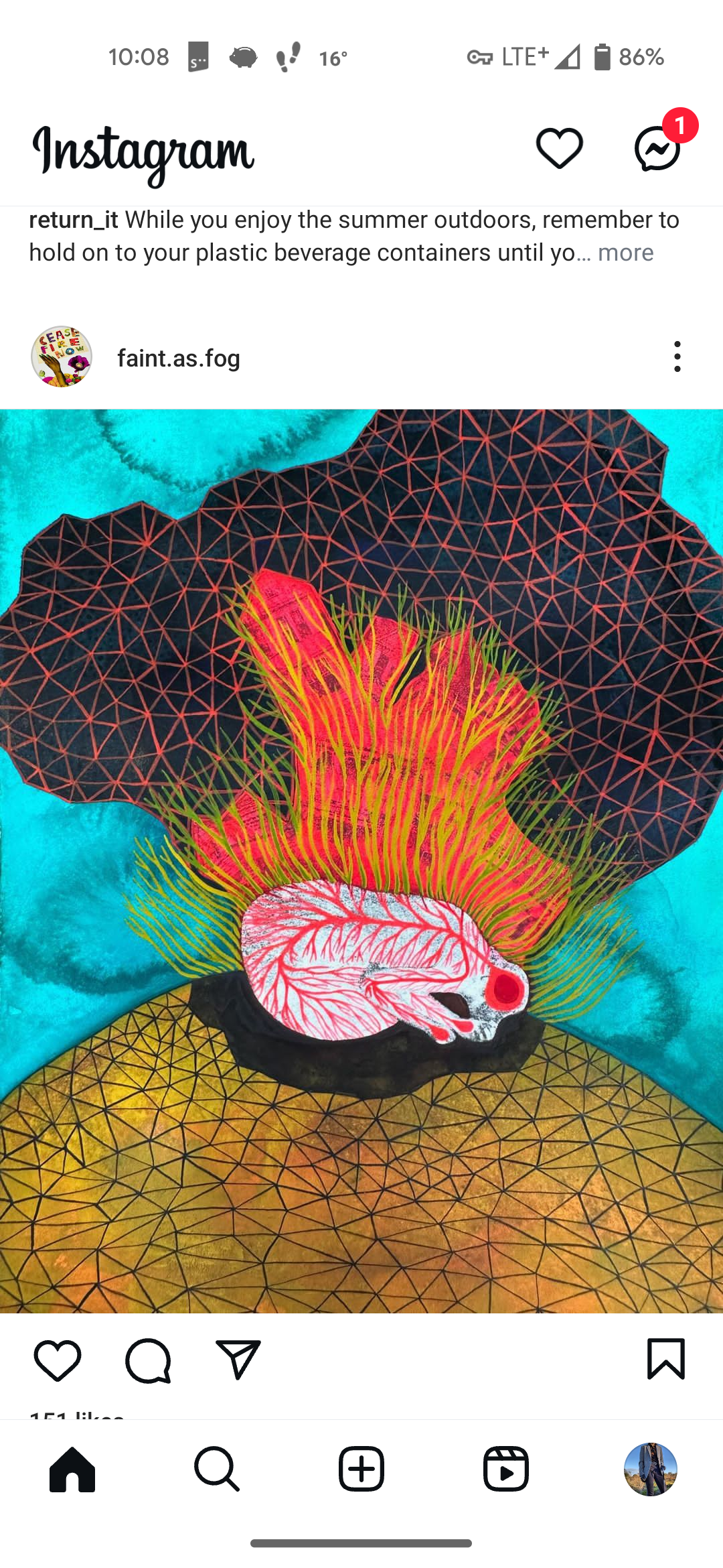 this is an abstract painting of a fire and flame colored creature surrounded by black, red, orange, and yellow geometric shapes. the creature is nestled in a bed of fire, resembling a phoenix or mythical creature. the background is a swirling mix of blues and greens. the overall style is psychedelic and surreal.  it appears to be a digital illustration.