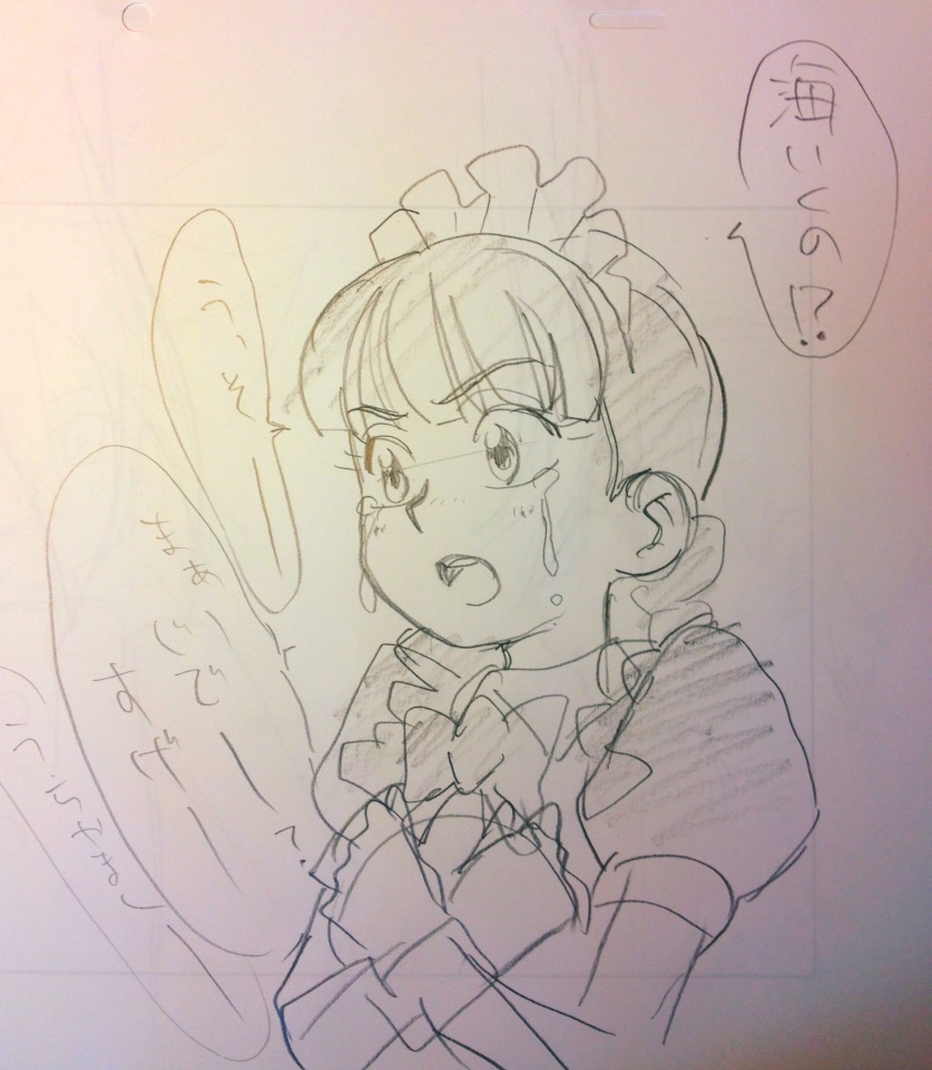 this is a black and white sketch of an anime girl dressed in a maid outfit. she appears to be crying and holding a piece of paper with japanese writing. the drawing is simple and emotive, focusing on the character's emotional state.  the background is blank white.