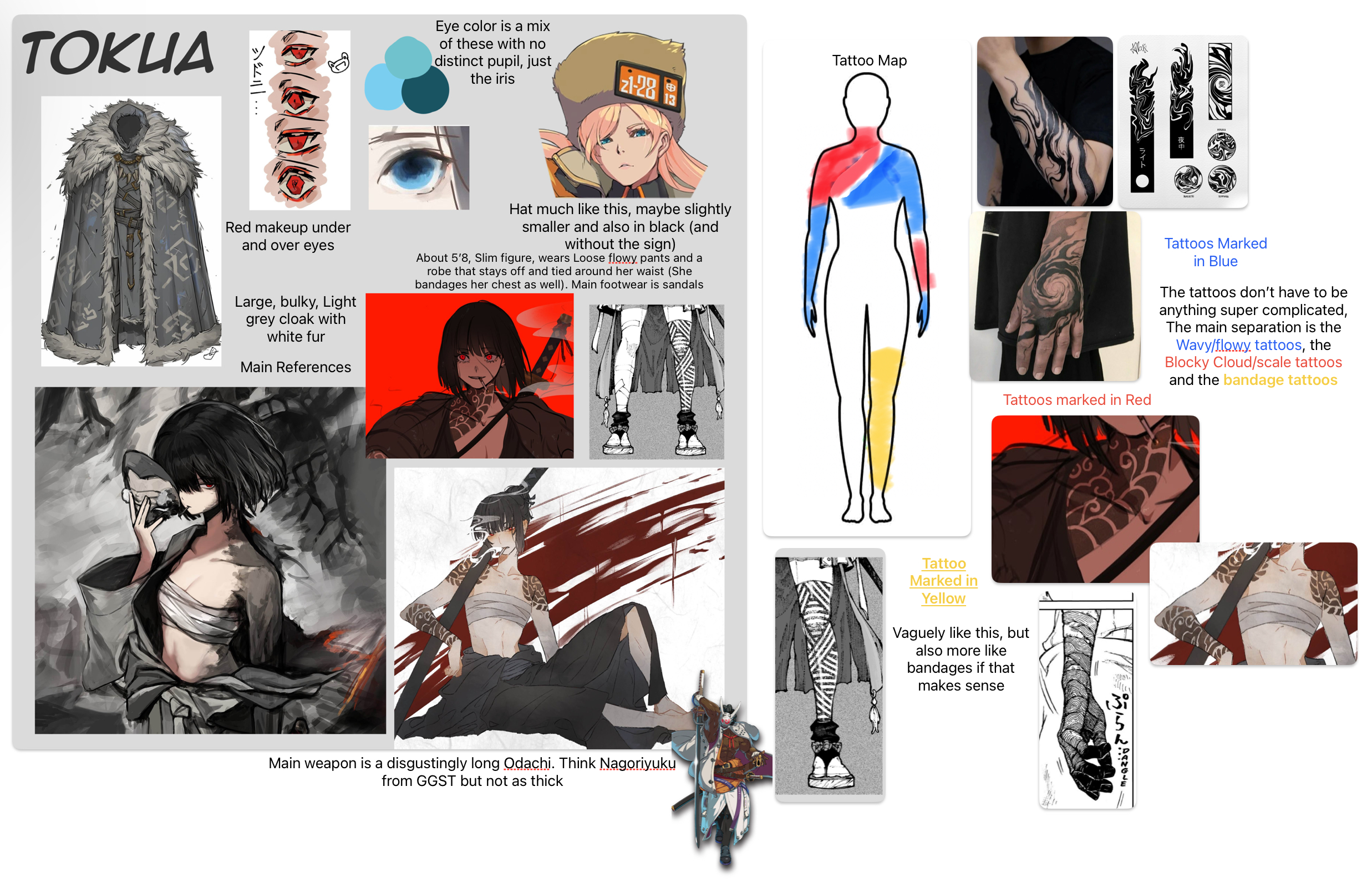 this image is a character design concept sheet for a character named tokua. it showcases various design elements including a large, bulky, light grey cloak with white fur, red makeup under and over the eyes, a mix of eye colors with no distinct pupil, a hat similar to the one pictured but smaller and black. the character is described as about 5'8" with a slim figure, wearing loose flowy pants and a robe, and bandages around her chest. the main weapon is a long odachi sword. the sheet also includes a "tattoo map" indicating where different types of tattoos (wavy/flowy, blocky cloud/scale, and bandage tattoos) should be placed on the body.