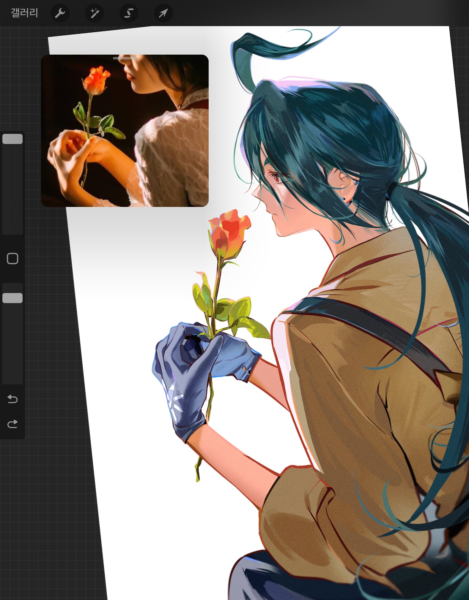 a digital illustration of a male character with long dark teal hair tied in a ponytail, holding a single orange rose. he is wearing a beige jacket with a black strap and blue gloves. the pose and lighting are inspired by a photographic reference of a woman holding a rose, visible in the topleft corner of the image. the overall style of the illustration leans towards anime and manga aesthetics.