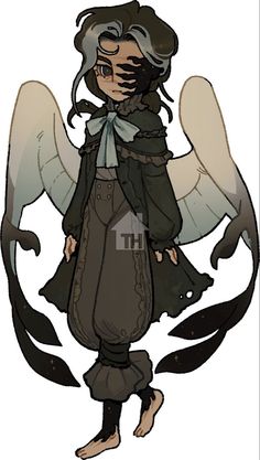 the image showcases a digital character illustration, likely a concept design for an original character. the character exhibits a somewhat melancholic or mysterious aura, with their right eye obscured by shadow or a dark marking. they sport a dark, layered outfit reminiscent of gothic or historical fashion and possess large, feathered wings marked with dark, almost inky patterns. the character is presented against a white background, allowing their design to take center stage.  their pose suggests a sense of quiet contemplation or perhaps a touch of sadness.