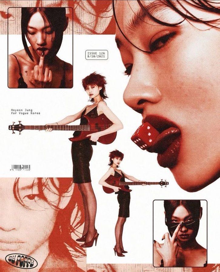 a magazine spread with a collage of four different images of a young woman.  the model appears to be a musician, she is wearing a black dress, and holding a bass guitar,  her long black hair is styled in a punk/rock fashion, and she is wearing bold red lipstick and eye makeup.  the background of the image is a collage of graphics, images, and text from the magazine.  the magazine's name and issue number are visible in the upper right corner of the image.
