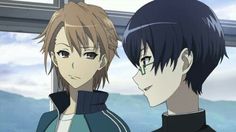 two anime boys stand in front of a window, one looking at the camera and the other looking out. they both are wearing blue school uniforms and the background is a pale blue.