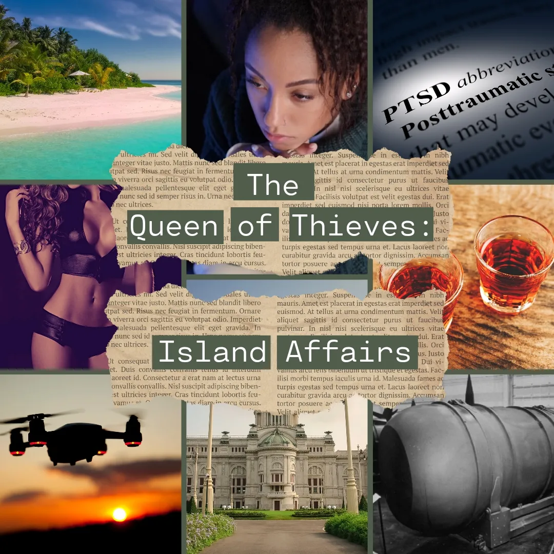 he image is a vibrant collage that appears to be a book cover or promotional material for a novel titled "queen of thieves: island affairs".  it uses a fragmented, layered aesthetic.  the collage combines diverse imagery including: a mysterious woman: a moody portrait of a woman with dark hair, looking pensive. tropical setting: a serene beach scene suggests a tropical island location. cityscape: a photo of the grand palace in bangkok, thailand. technology: a drone in flight, adding a modern element. alcohol: glasses of whiskey. text: text excerpts from what looks like a novel, interspersed with the title and subtitle, and the ptsd abbreviation.the overall mood is one of mystery, intrigue, and perhaps even a hint of romance, fitting for a thriller novel. the contrasting elements of tropical beauty and urban scenes, combined with the dark aesthetics and mysterious woman, create visual tension.