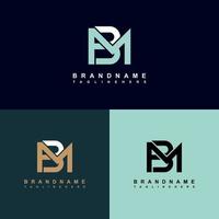 the image showcases a series of logo designs, all variations on the same theme. the core element is a stylized interlocking "bm" monogram, which takes a squarelike form with the letters subtly interweaving. the image displays three color variations of this design: top: a light teal/aqua "bm" on a dark blue background. bottom left: a gold/brown "bm" on a dark teal/green background. bottom right: a black "bm" on a light mint/green background.each variation includes "brandname tagline" placed below the monogram.  the design style is minimalist and modern, suitable for a professional or corporate brand.