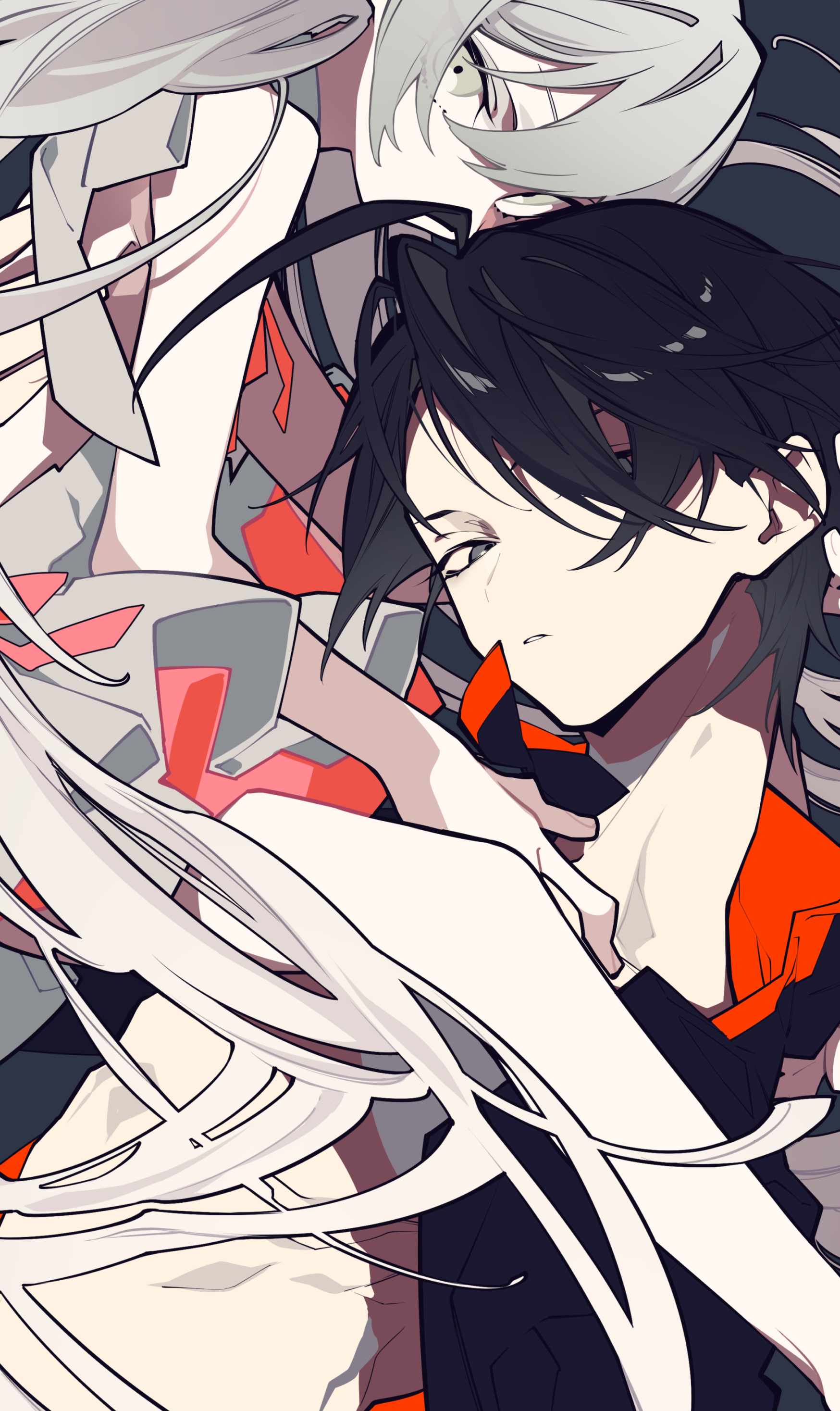 the image is an animestyle portrait featuring two characters. on the right, there is a male character with short, dark hair and a serious expression. he is wearing clothing with red accents. next to him is a female character with lightcolored hair and similar red accents on her clothing. the art style is clean with sharp lines and a limited color palette.