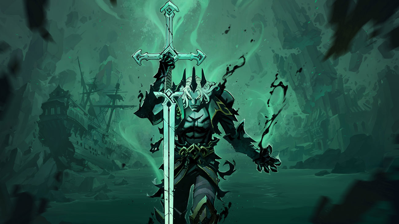 a dark, shadowy, and mysterious creature with glowing green eyes emerges from the water. the creature is holding a large sword, and is surrounded by a mist that seems to be flowing around them. in the background, a ship wreck can be seen. the creature is emanating an aura that suggests power and evil.