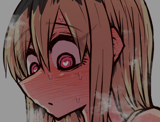a closeup of an anime girl's face. she is blushing heavily with a surprised expression and sweat beads on her face. her eyes are wide and pink with hearts in the pupils. she has brown hair that falls over her shoulders and she is looking down. the background is a light gray with some smoke or steam.