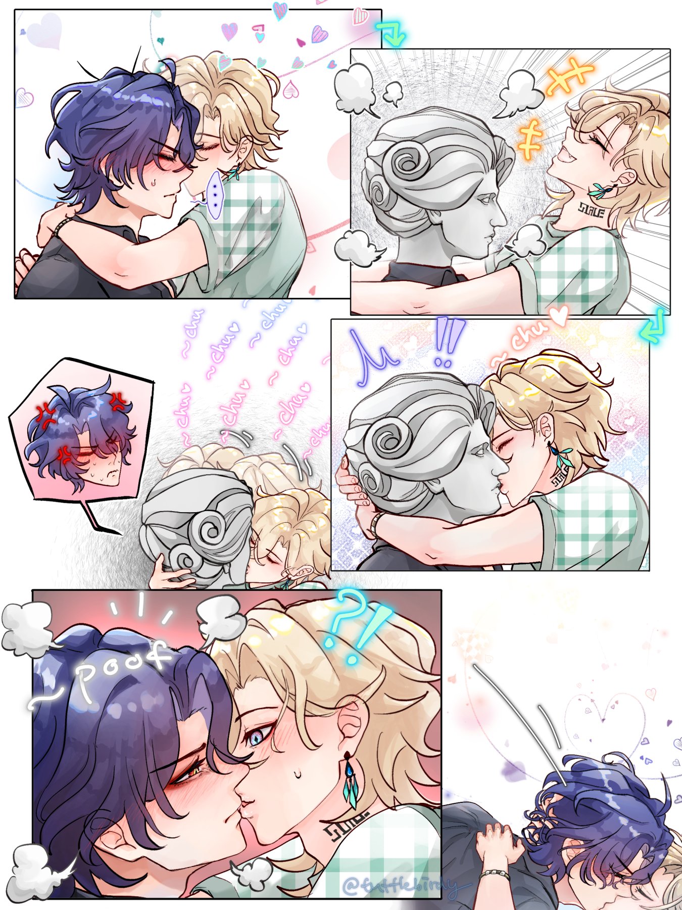 the image is a mangastyle comic strip depicting several scenes of two young men, possibly a couple, engaging in romantic interactions.  the art style is cute and pasteltoned. it features several panels showing them kissing, hugging, and gazing at each other affectionately. there are also some panels featuring whimsical elements like floating hearts and cartoonish expressions. the overall mood is lighthearted and sweet, showcasing a developing romantic relationship.  in some panels, there are also stylized stone statues mirroring the poses of the young men, adding a slightly surreal or metaphorical element to the storytelling.