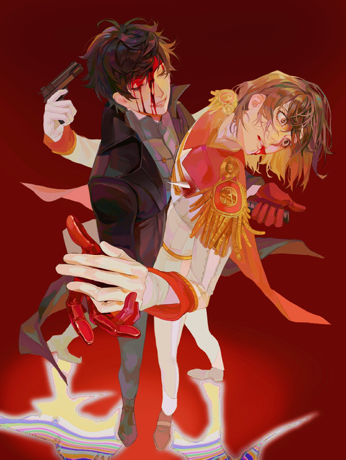 two anime male characters, one in a black suit and the other in a red and white uniform, are in a fight. the one in the suit is holding a gun to his own head, while the other is looking at him with a shocked expression. both of them are covered in blood. the background is a dark red.  the scene is dramatic and intense.