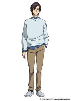 this illustration showcases a young man with short, dark hair and a friendly demeanor. he's dressed in casual attire, sporting a light blue sweater layered over a darker blue shirt. his khaki pants and white sneakers complete his relaxed look. the character design and art style suggest he might be part of an anime or manga series. the white background helps to focus attention on the character, highlighting his appearance and clothing.