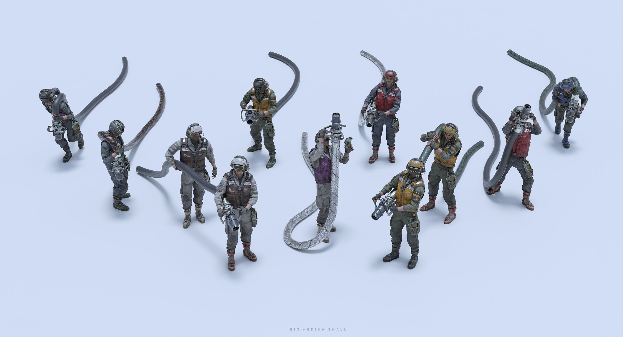 he image presents a meticulously arranged diorama showcasing a group of futuristic soldiers, depicted as miniature figures.  these soldiers are positioned in a visually appealing pattern, connected by large, flexible hoses suggesting some kind of coordinated operation or task.  they are uniformly clad in grey and darktoned gear, equipped with various futuristic weaponry. the background is a simple white, drawing focus to the intricate details of the figures and their arrangement. the title "big medium small" implies a concept related to scale and hierarchy.  the overall aesthetic is one of precision and scifi storytelling, suggesting a scene from a futuristic war or technical operation.