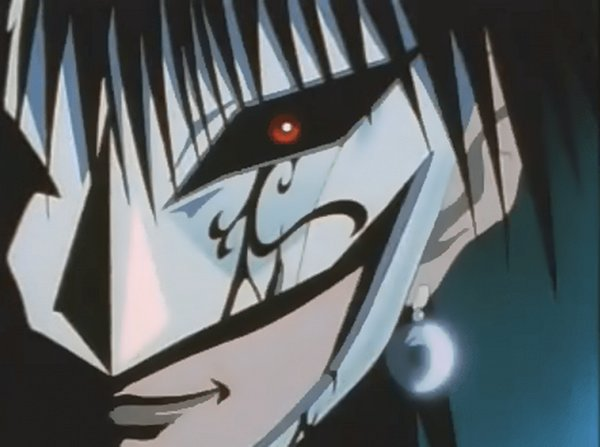 this image shows the face of an anime male character. he has black hair and red eyes. half of his face is covered with a white mask. a tribal tattoo is visible under the mask. he is wearing an earring. the background is dark.