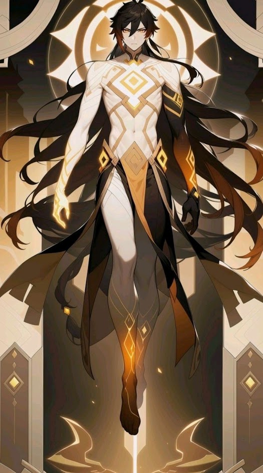 this is an illustration of a fantasy anime character. the character is a male with black hair, black eyes, and white skin. he is wearing golden armor, and has wings behind him. he is standing in a magical realm with a golden background.