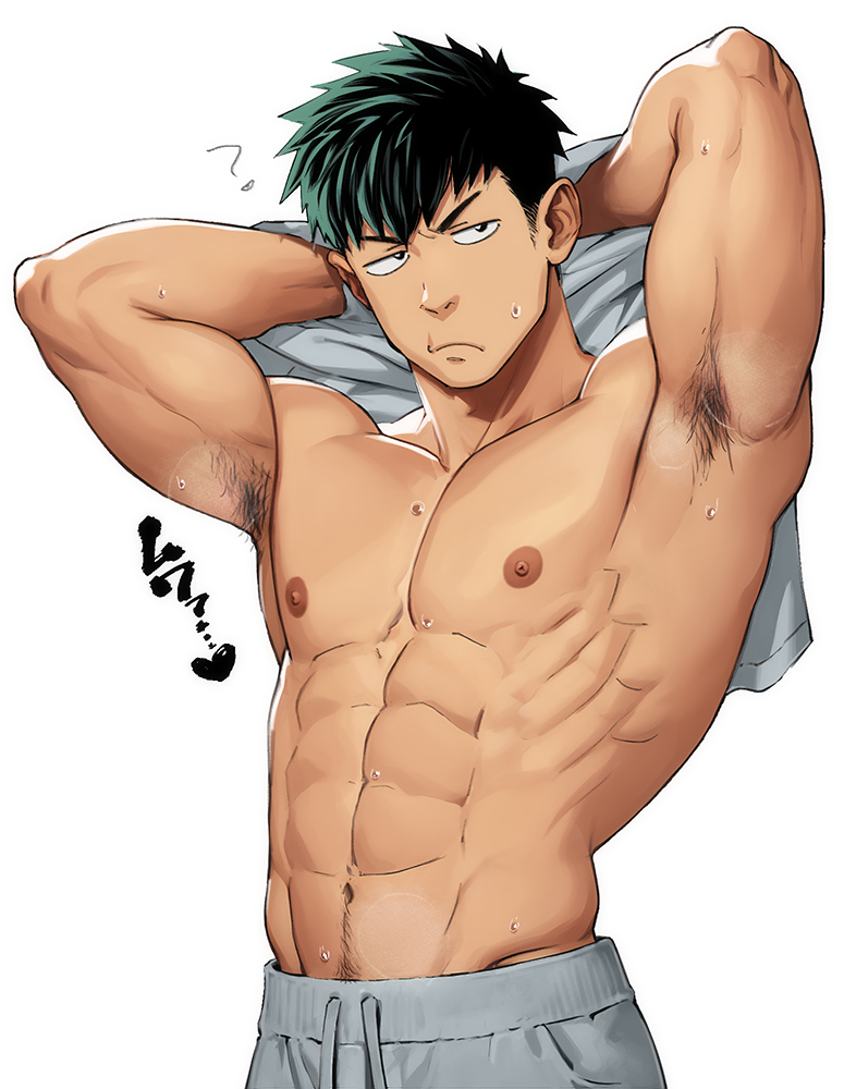 the image is a digital drawing or illustration of a muscular animestyle man with short, spiky green hair. he's in the process of taking off a light grey shirt, revealing a very defined and toned physique with visible abs, chest hair, and underarm hair.  he appears slightly sweaty, and his expression is one of mild discomfort or concentration.  he's wearing grey sweatpants. the overall style is suggestive of manga or anime artwork and has a slightly suggestive tone.  there is a small sweat droplet effect and an emoticon signifying sweat near his armpit.