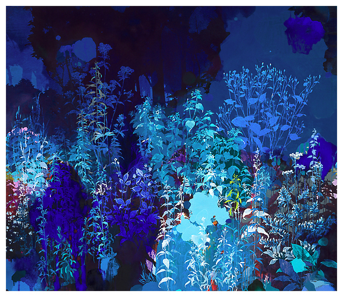 this is an abstract painting of a garden scene. the colors are mostly blue and green, with some hints of other colors. the brushstrokes are loose and expressive.