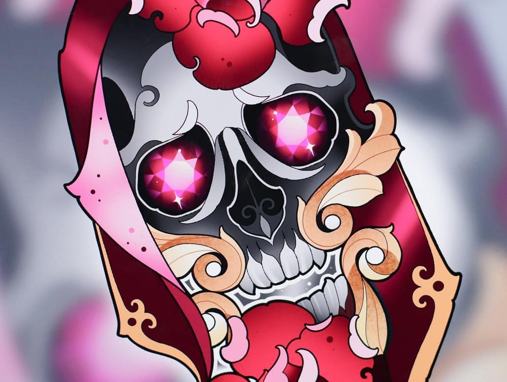 the image is of a neo traditional tattoo design featuring a skull. the skull has red gem eyes and a red rose on its forehead and chin. it wears a red hood with gold accents. the background is a soft pink and white.