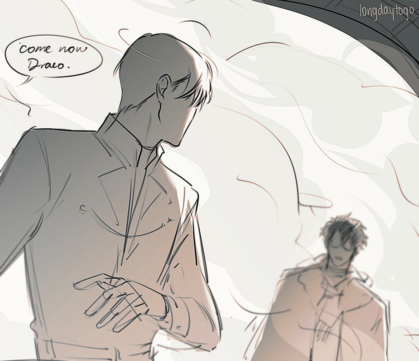 his is a fanart drawing showcasing two male characters, possibly a couple, in an intimate setting. the style is anime/mangainspired, with a grayscale palette and a soft, hazy atmosphere. one character, dressed in a coat, is seen from behind, while the other character, in a more formal outfit, is presented in a closer, threequarters view. a speech bubble suggests a conversation between them. the overall mood is secretive and romantic. the style is sketchy and slightly unfinished, adding to its artistic charm. the background indicates an enclosed space, with faint details that suggest either a hallway or chamber. the artist's signature, longdaytogo, is visible in the upper right corner.