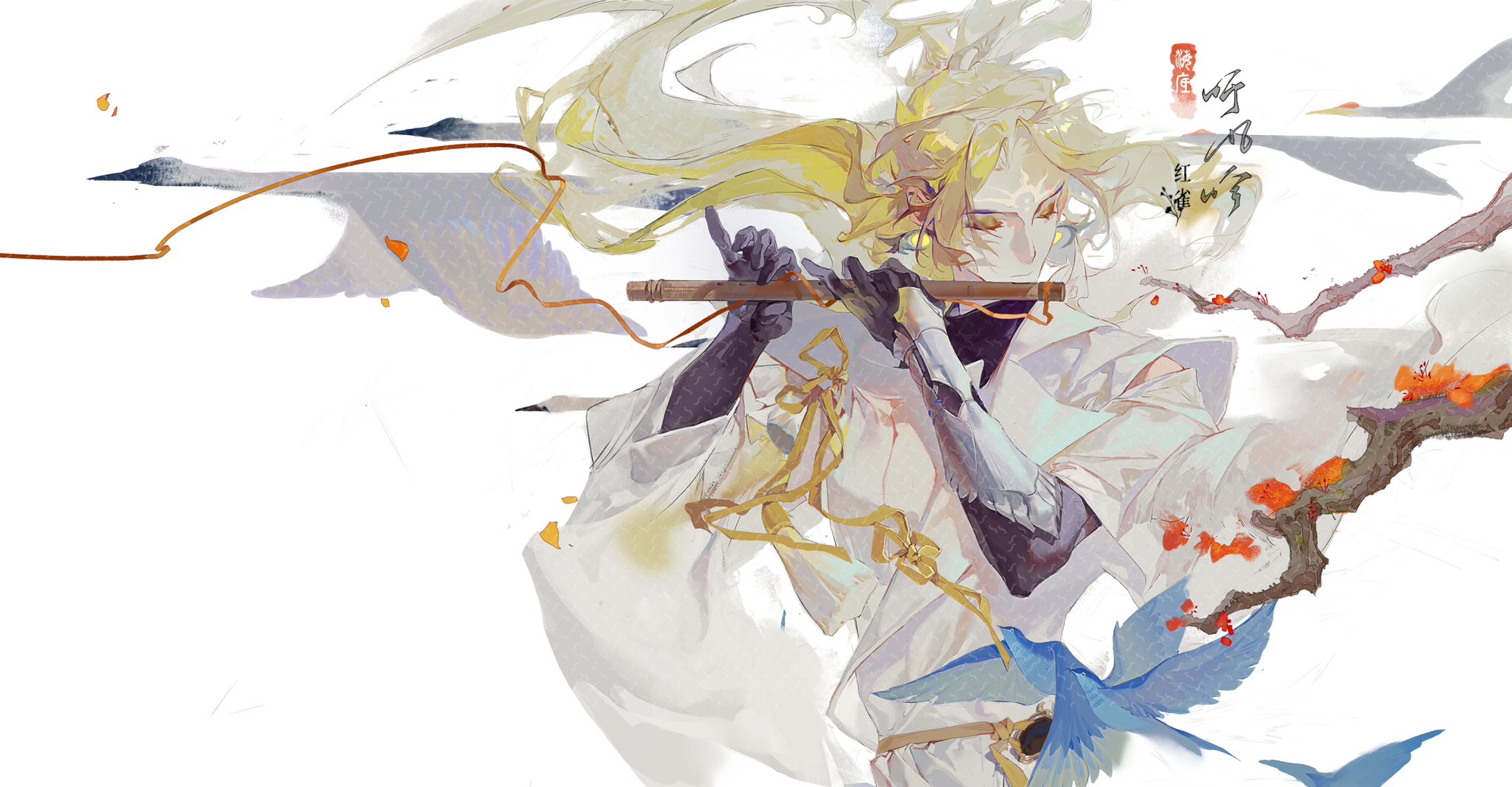 the image depicts a young man with long blonde hair and a white robe playing a flute. he is surrounded by flying birds and a blooming branch, suggesting a peaceful and serene atmosphere. the artwork is in an anime/manga style, with soft, colorful brushstrokes and detailed characters and elements. the image evokes a sense of beauty, wonder, and tranquility, capturing the essence of nature and fantasy.