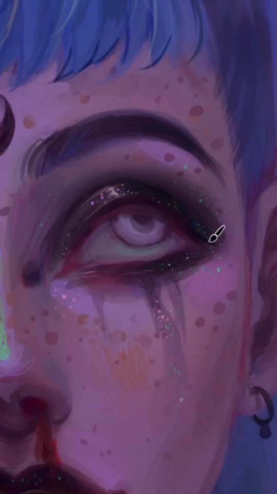 the image is a digital painting of a closeup portrait of a person's face. the subject has short, blue hair, and is wearing dark, glittery eye makeup. the style is expressive and slightly stylized, incorporating grunge and fantasy elements.  the skin is detailed with freckles and subtle texture, and the lighting emphasizes the dramatic makeup and overall moody atmosphere. the person's skin has a purple hue and there's a hint of what looks like blood or a dark liquid near the nose.  a small earring is visible in the lower right corner. the overall aesthetic leans toward alternative or goth subculture.