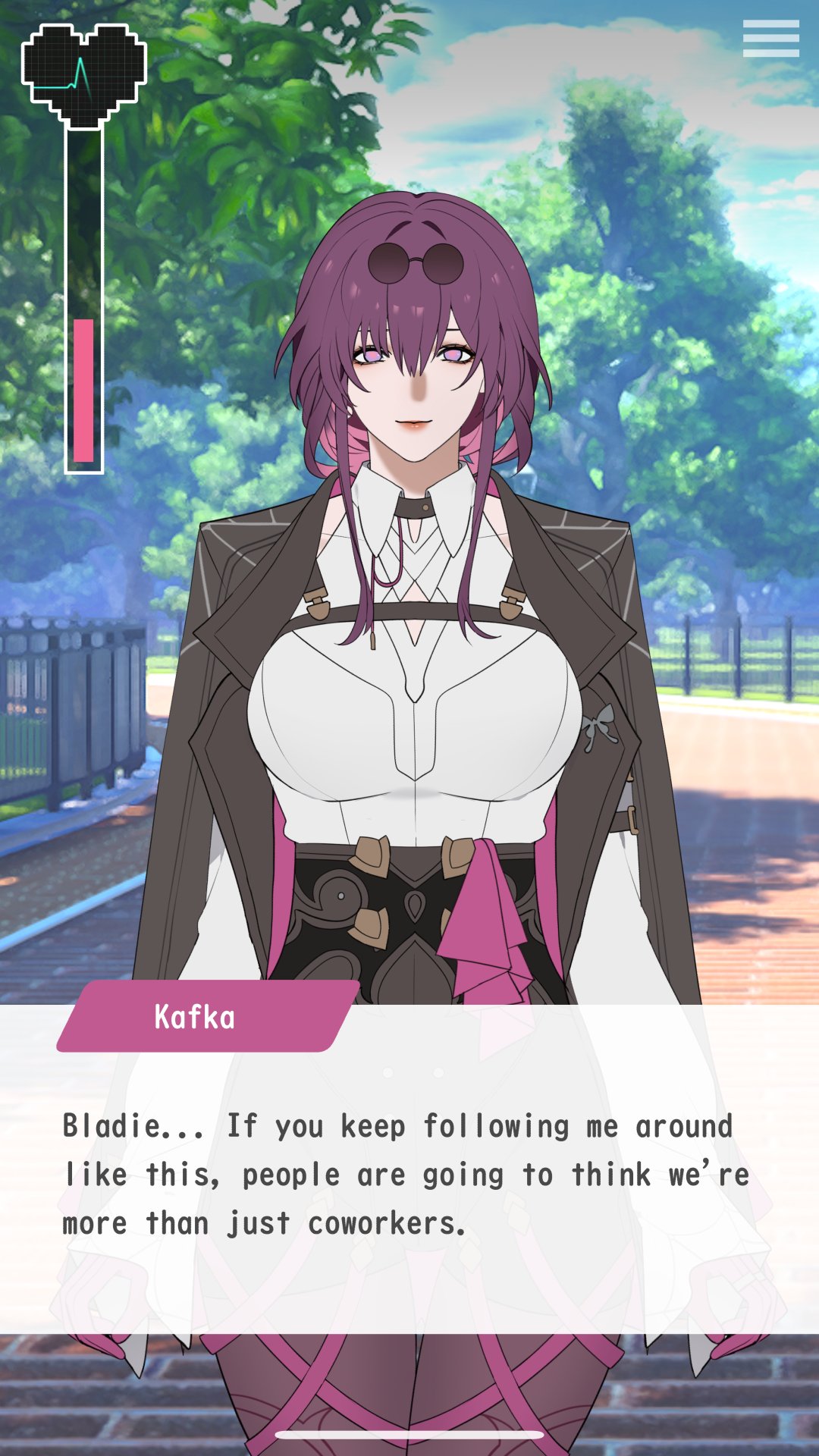 this is a still image from a visual novel with a female anime character, kafka,  wearing a brown jacket over a white shirt, a pink skirt, and black boots. she has purple hair, and her heart is beating in the top left corner of the image.  she's speaking with another character offscreen, with text bubbles showcasing what they are saying. the text is a romantic confession and she is trying to tell the other character that their actions are making it seem like they are more than just coworkers.