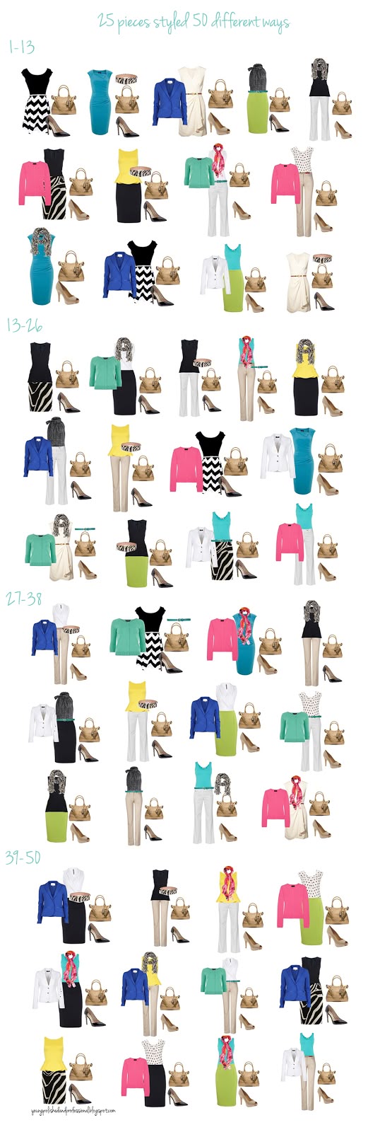 the image shows 50 different outfits styled from 15 pieces of clothing. each outfit consists of a combination of dresses, skirts, pants, tops, and blazers in colors like black, white, blue, green, pink, and yellow. each outfit is accessorized with shoes, handbags, and jewelry. the image demonstrates how to create a variety of looks using a limited wardrobe.