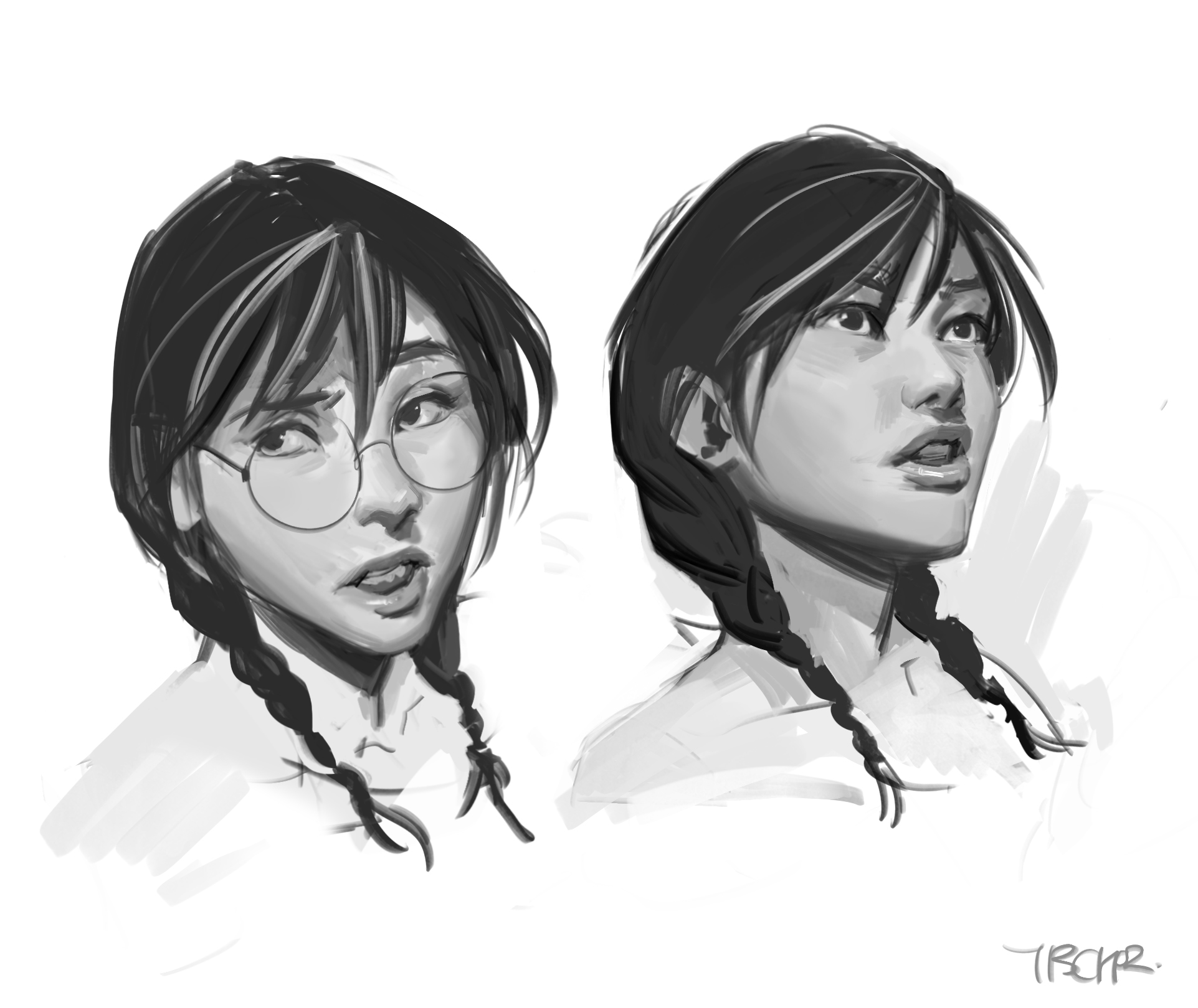 the image contains two grayscale portraits of a young woman. the left portrait shows her wearing glasses with a slightly concerned or pensive expression. the right portrait shows her without glasses, looking up with a more neutral or slightly hopeful expression. both portraits are sketched with soft brushstrokes, showcasing various shades of gray to create depth and texture. the style is loose and expressive, focusing on capturing the essence of the character rather than minute details.