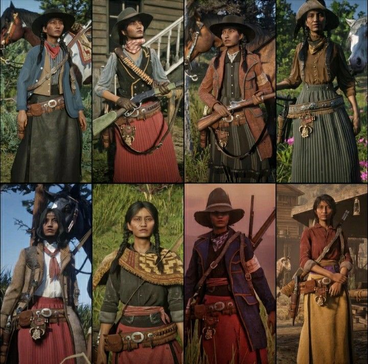this image shows different female characters in red dead redemption 2.  the image is split up into nine panels, showing a variety of different outfits for female characters. each outfit is unique and highlights the different types of customization options available in the game.  the characters are all wearing different hats, bandanas, shirts, skirts, and boots, and are holding a variety of different weapons.  the image provides a good overview of the many different ways that female characters can be customized in red dead redemption 2.