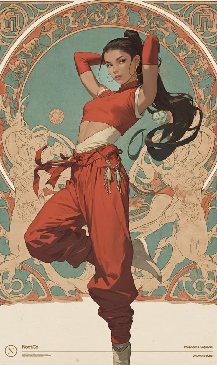 an illustration depicts a woman wearing a red crop top and baggy pants, with her hands behind her head and a ponytail. she is posed in front of an ornamental art nouveau style background with blue and cream tones. the image has a filipinosingaporean feel and includes the logo "noct.co" at the bottom.