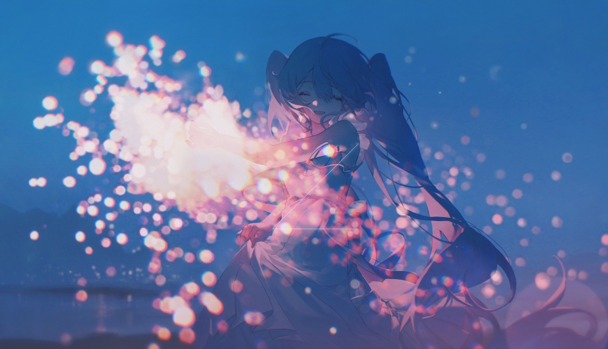 an animestyle image features a girl with long blue hair, wearing a white dress, in a nighttime setting filled with bokeh lights and sparkles. she appears to be holding or interacting with a magical light source, suggesting a fantasy or magical theme.