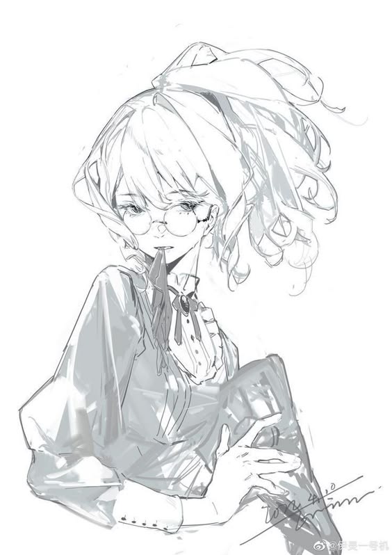a black and white sketch of a girl with long hair wearing glasses and a dress.  the girl is sitting in a chair with her legs crossed, looking down. the drawing has a very soft, almost dreamlike quality to it.