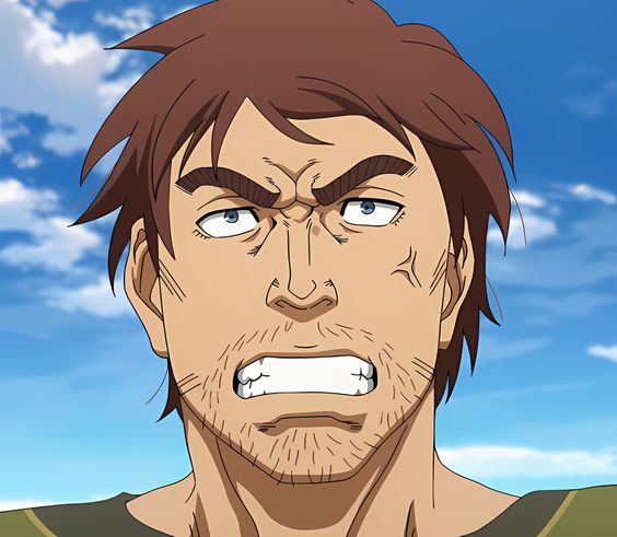 the image shows the head and shoulders of a man with an angry expression on his face. he has brown hair and stubble, and his eyebrows are furrowed. his mouth is open in a grimace, and his eyes are wide with anger. the background is a bright blue sky with some white clouds.