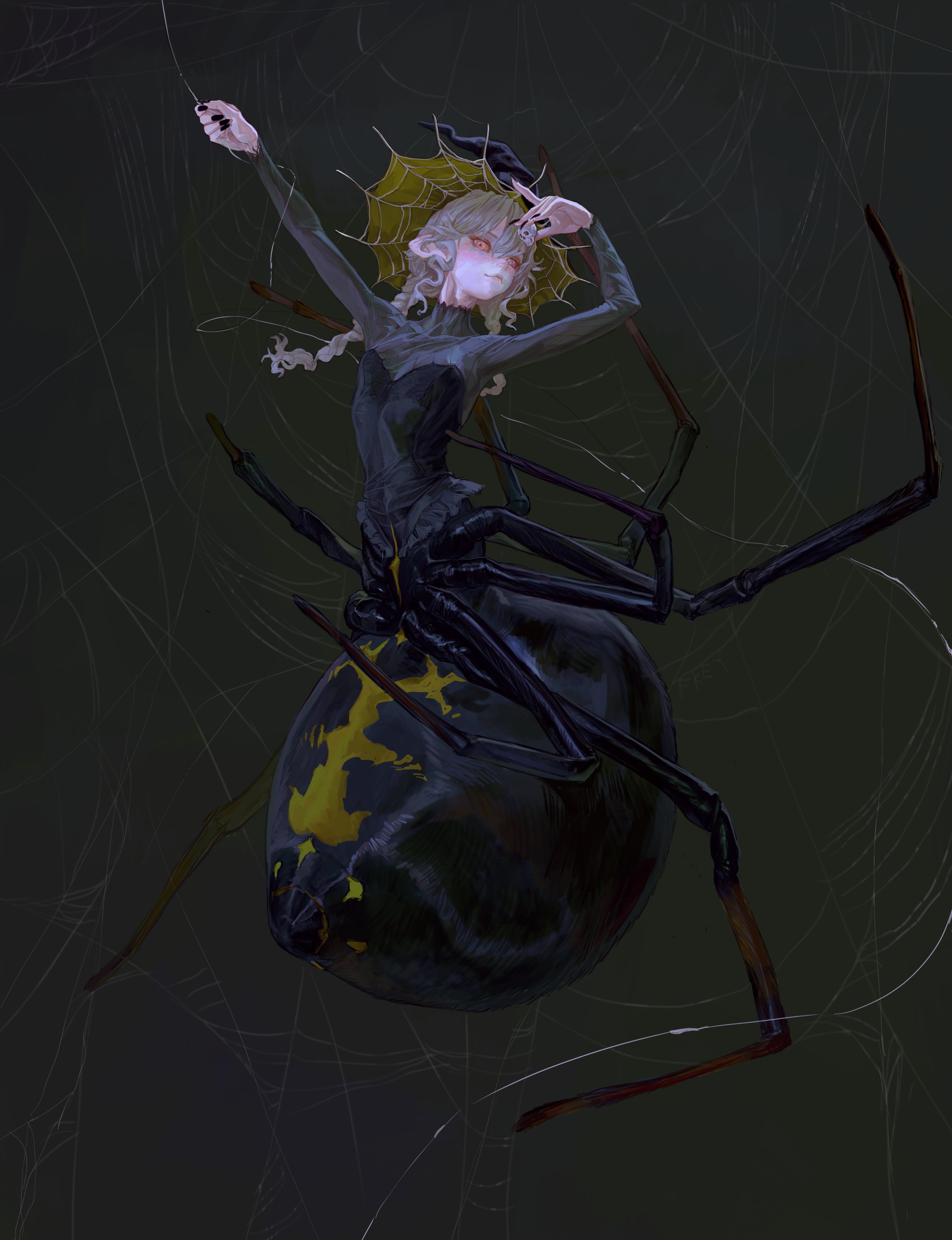 a stylized image depicts a fantastical hybrid creature. it has the upper body of a pale woman with white hair and fair skin, wearing a dark, formfitting outfit. she's adorned with a yellow spiderweblike hat. her lower body is replaced by the large, bulbous abdomen of a black spider with yellow markings. the creature is surrounded by a web, and the background is a dark, muted color.