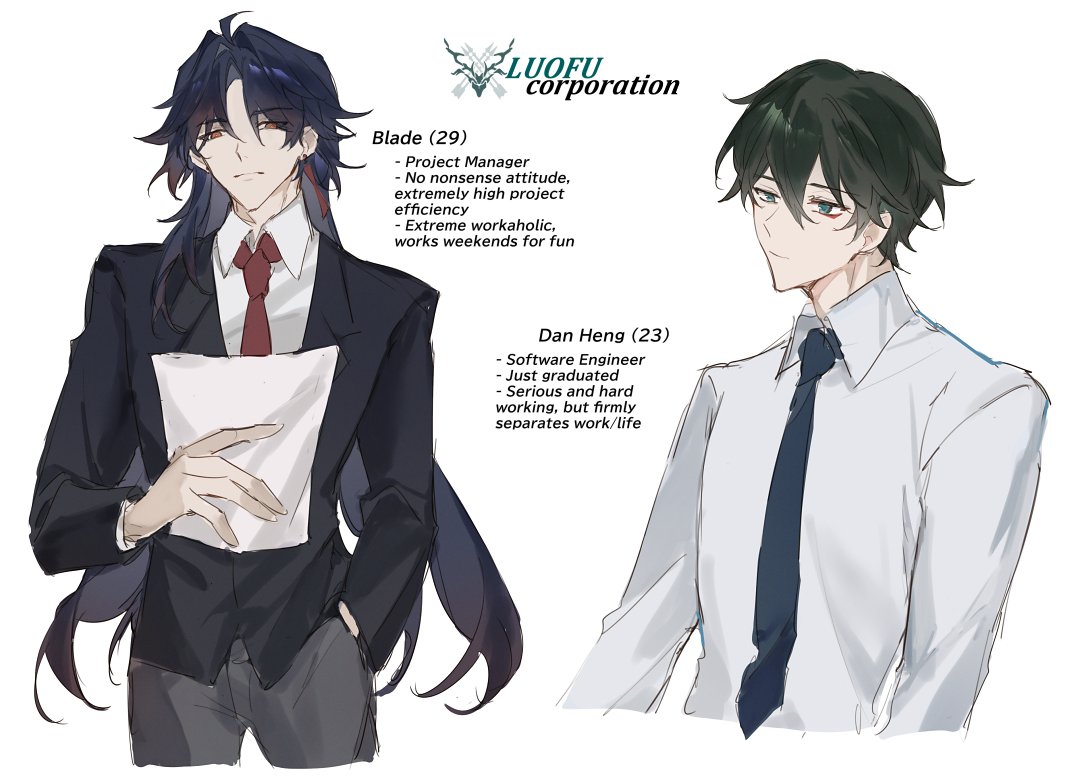 two anime men in suits, labeled as blade and dan heng, with information about their job titles and character traits. they're both standing in a formal pose with their hands in front of them.  blade is on the left and is wearing a black suit with a red tie. dan heng is on the right and is wearing a white shirt with a black tie.  both men have a serious expression and are welldressed in a professional manner. the background is a plain, white color. the image is drawn in a digital style with a realistic look. it’s a portrait of two men with a professional image.