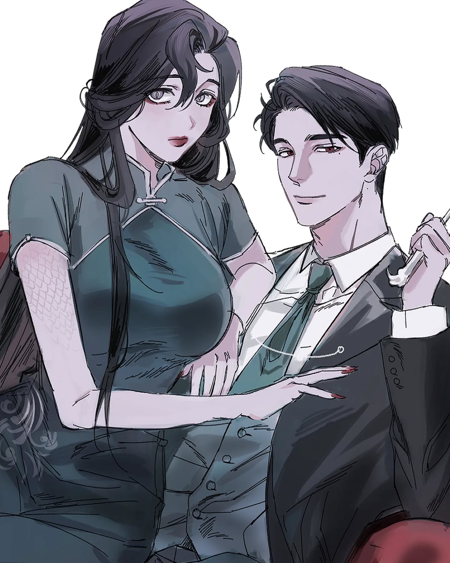 he image is an animestyle illustration or drawing of a stylish couple. the woman is wearing a dark teal qipaostyle dress with a high collar, and her long black hair is pulled back. she has fair skin, dark eyes and red lips. the man is wearing a dark suit and tie, has dark hair, fair skin and intense eyes.  they are sitting close together, with the woman's arm affectionately around the man. the overall mood is romantic and intimate, with a focus on their elegant attire and close proximity. the art style is somewhat painterly, with soft shading and blending. the background is minimal and unfocused, drawing attention to the couple.