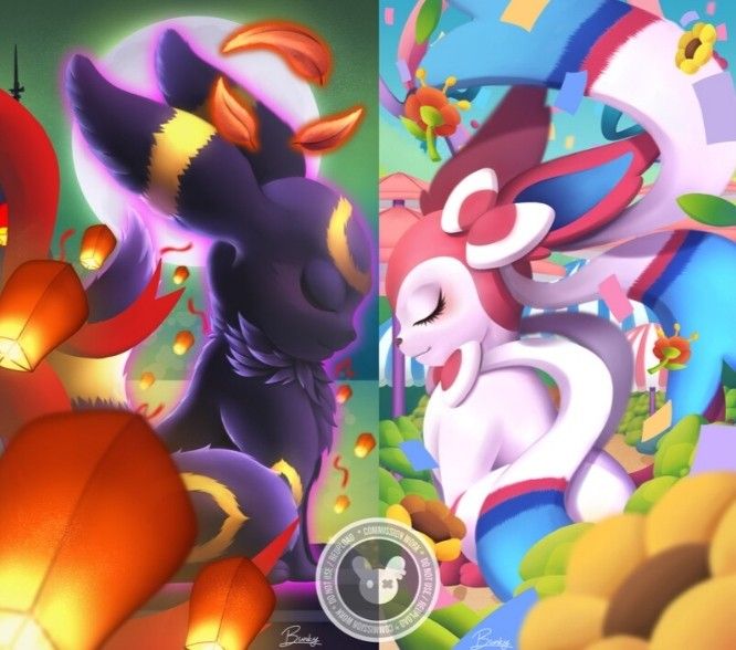 the image depicts a fantasythemed illustration featuring two popular pokemon characters, sylveon and darkrai. sylveon, known for its elegance and fairytype abilities, is portrayed in its signature pink and white coloration with vibrant blue accents. it stands on the right side of the image, surrounded by lush flowers, glowing with a magical aura. on the left side, darkrai, a dark and mysterious pokémon known for its dreammanipulating powers, appears in its signature black and purple coloration with a glowing purple aura. the background features a night sky filled with twinkling stars and glowing lanterns, contrasting with the bright daytime atmosphere surrounding sylveon. both pokemon gaze towards each other, seemingly lost in thought, emphasizing their connection and contrasting personalities. the artwork is rendered in a vibrant, colorful style, capturing the essence of both pokémon. the overall composition conveys a sense of mystique and magical wonder, reflecting the enchanting world of pokemon.