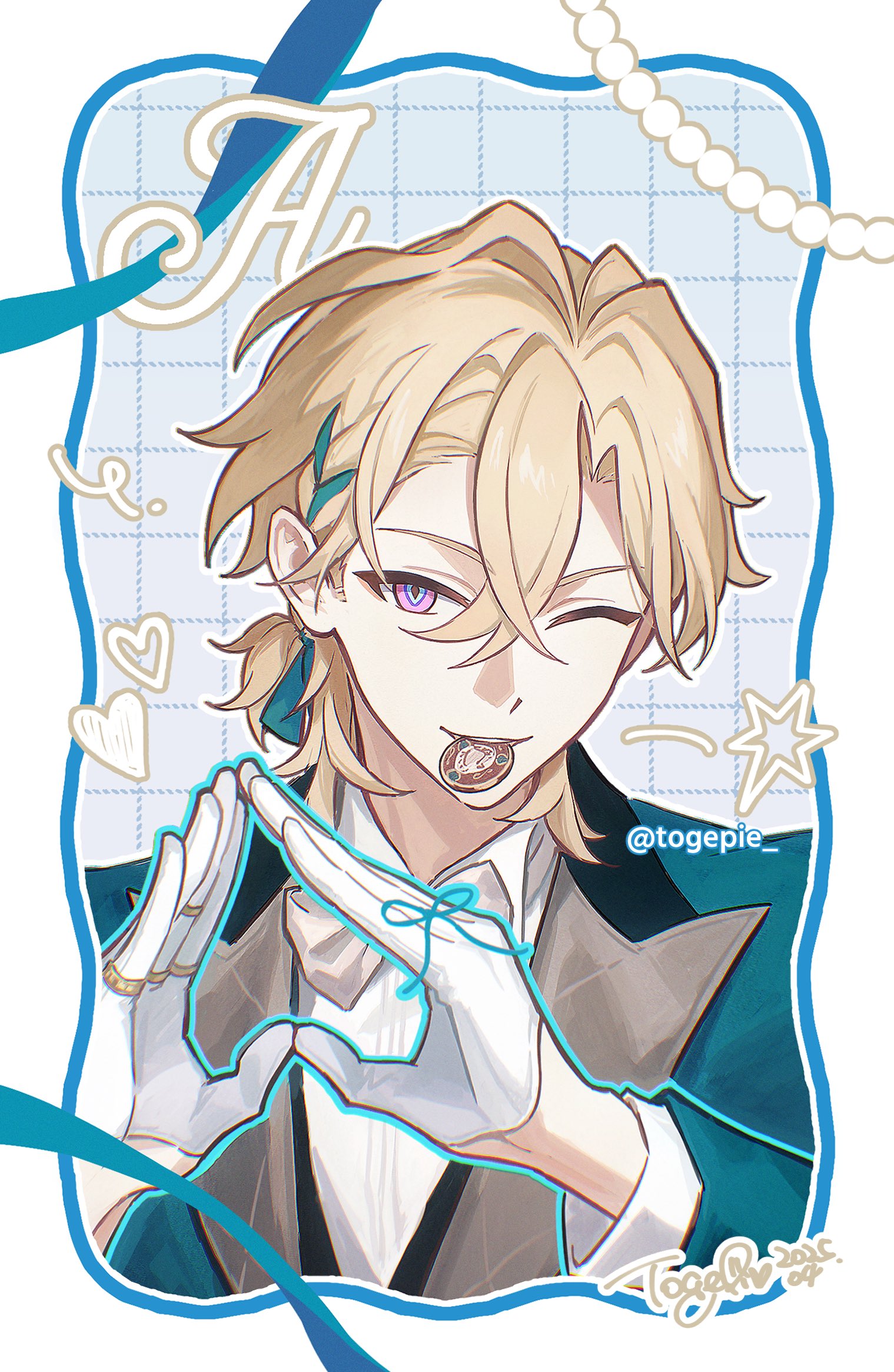 an animestyle illustration of a blonde male character with purple eyes, winking and holding a cookie in his mouth. he's wearing white gloves and making heart hands. he is wearing a suit with ribbons tied to the hands. the background features a blue frame with pearls, and the image includes an instagram handle and a signature.