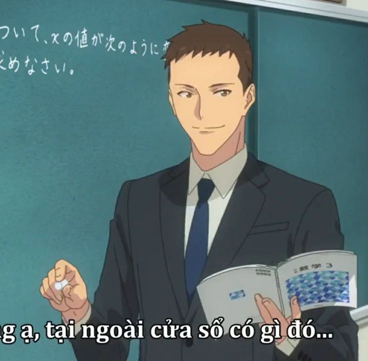 the image shows an anime male teacher in a suit and tie standing in front of a blackboard or chalkboard. he is holding a book and notebook in his hands and is looking toward the camera with a smile. he is teaching a class, possibly about the value of x. the image suggests a classroom setting with a japanese style blackboard. the background also seems to be the interior of a classroom.