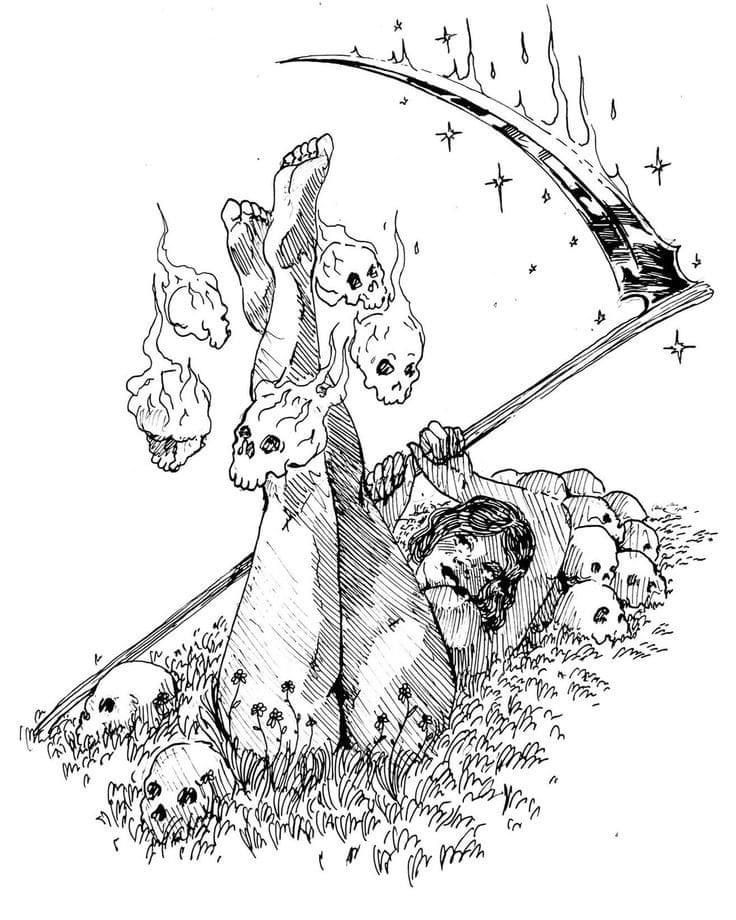 the image is a black and white ink drawing depicting a fantastical scene. a woman with her legs raised in the air is entwined with a flaming scythe.  skulls are scattered around her and in flames near her legs, suggesting death and the afterlife. she seems relaxed despite the macabre imagery. the style is a blend of gothic and surreal, with detailed line work that creates both depth and a slightly whimsical feeling. the scene is set in what appears to be a grassy area, possibly a graveyard, further emphasizing the themes of death and the macabre.