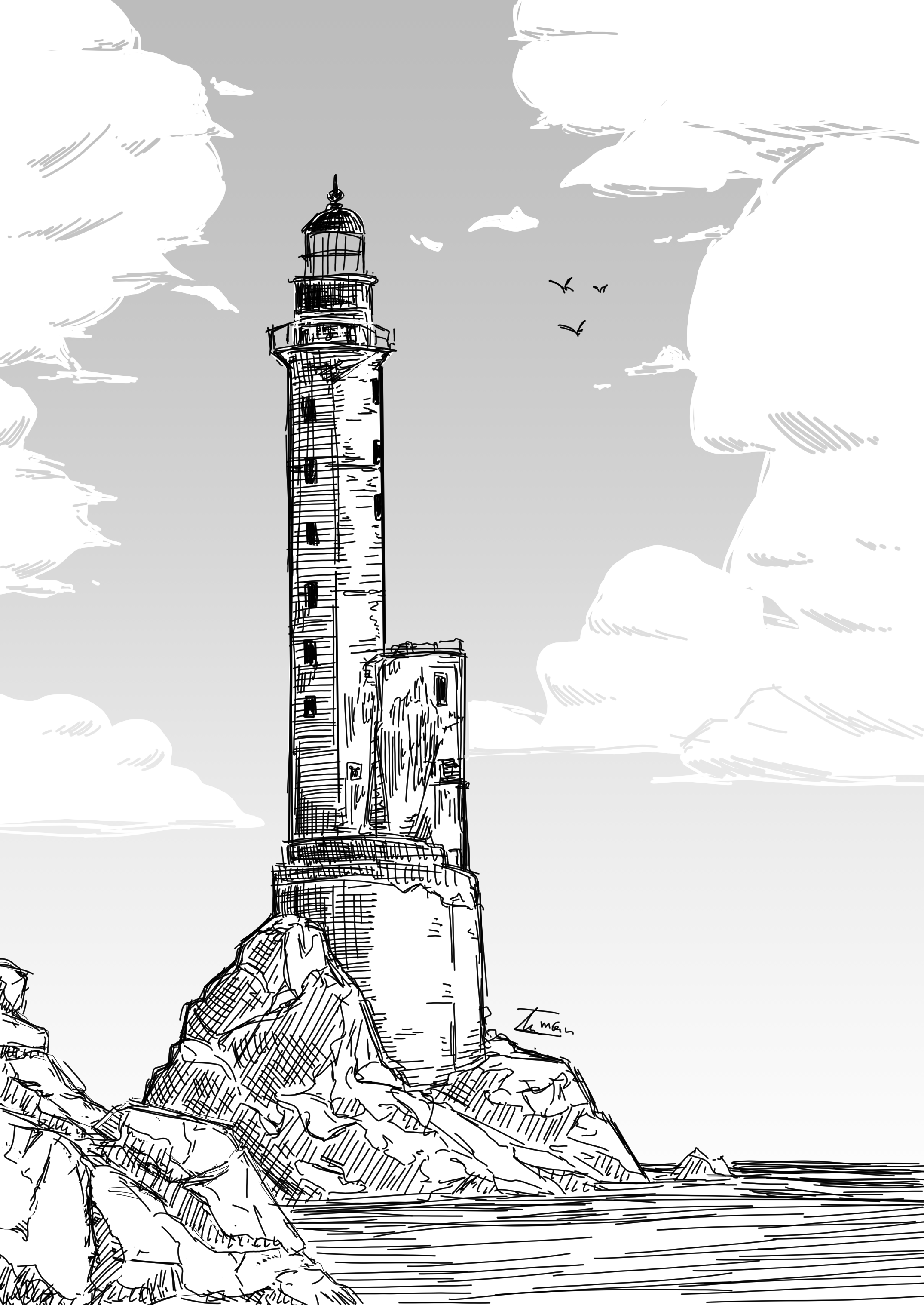the image is a black and white sketch of a lighthouse situated on a rocky outcrop by the sea. the lighthouse is tall and slender, with a detailed structure showing signs of age or weathering. it's perched on rugged rocks that extend into the water. the sky above is filled with fluffy clouds, and a few birds are visible in the distance. the style of the drawing is reminiscent of a quick, expressive sketch, with visible lines and shading creating texture and depth. the overall mood is peaceful and evocative of a coastal scene.