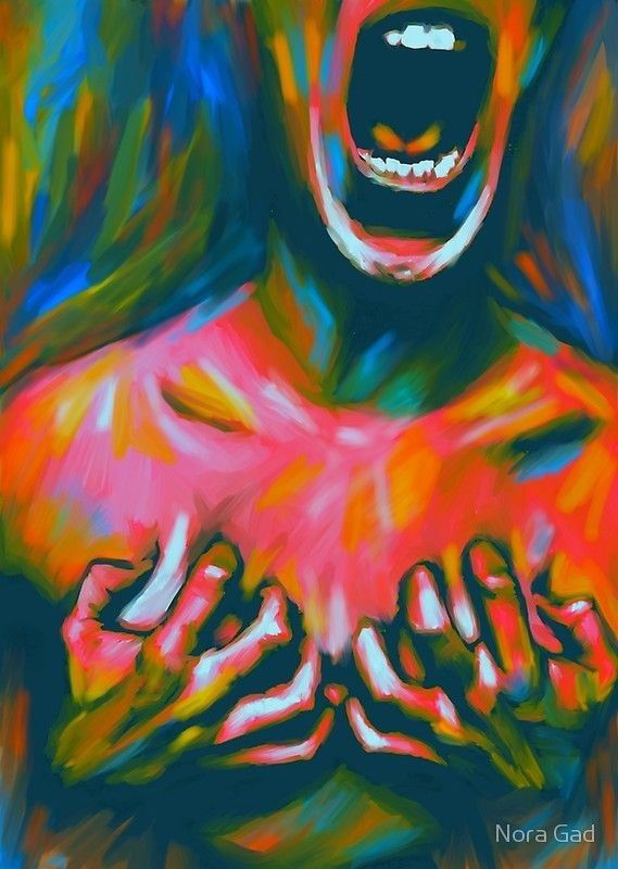 this digital painting depicts a woman in distress. her face is contorted in a loud scream, her mouth wide open, revealing white teeth. she is clutching her chest with both hands, her fingers curled inwards, her fingernails visible, as if she is in pain. the background and her body are painted with bright and vibrant colors such as red, orange, yellow, and blue. the style is abstract and expressive. the overall composition conveys a feeling of anguish and emotional intensity.