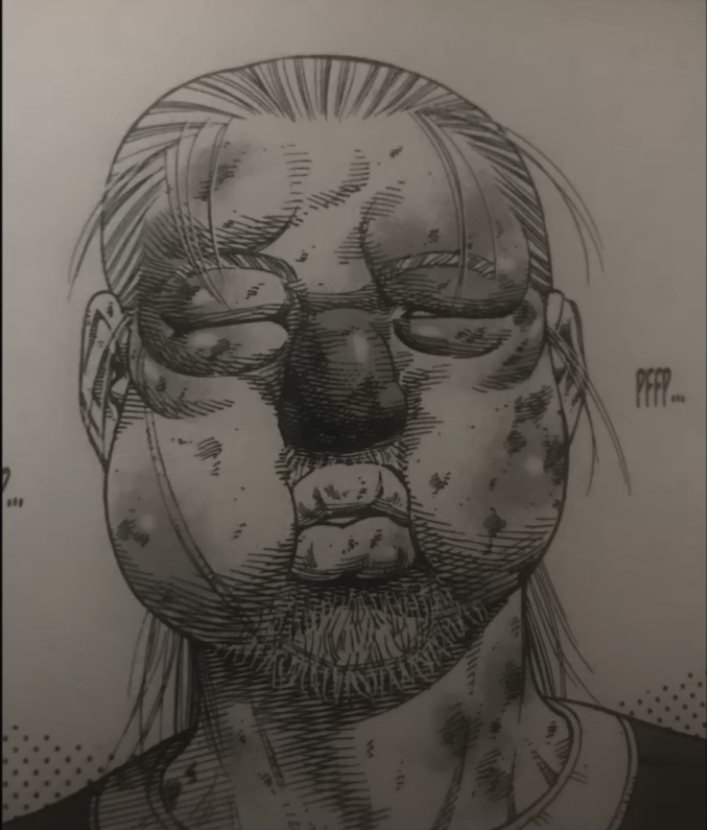 a black and white, mangastyle illustration depicts the head and shoulders of a man with a bruised and bloodied face. he appears to be injured, with cuts, swelling, and potential bruising visible. he wears a neutral expression, almost resigned. his hair is pulled back, emphasizing his wounds. the overall style is gritty and realistic, emphasizing the brutality of the scene.