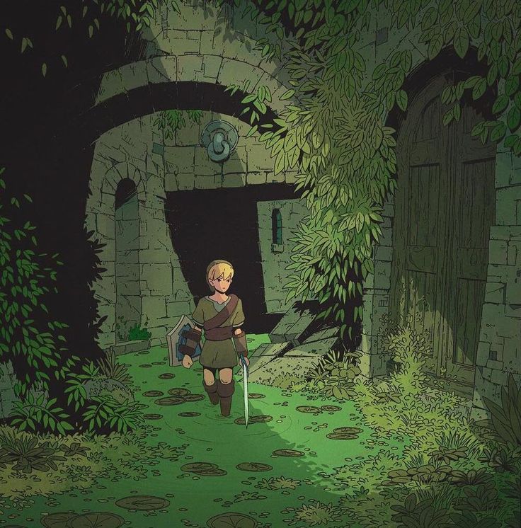 a drawing of link from the legend of zelda wading through a pool of water with lily pads, carrying his sword and shield. he is entering a stone archway that leads into a building or structure, possibly a dungeon or temple. the area is overgrown with leaves and foliage, giving it a mysterious and adventurous atmosphere.