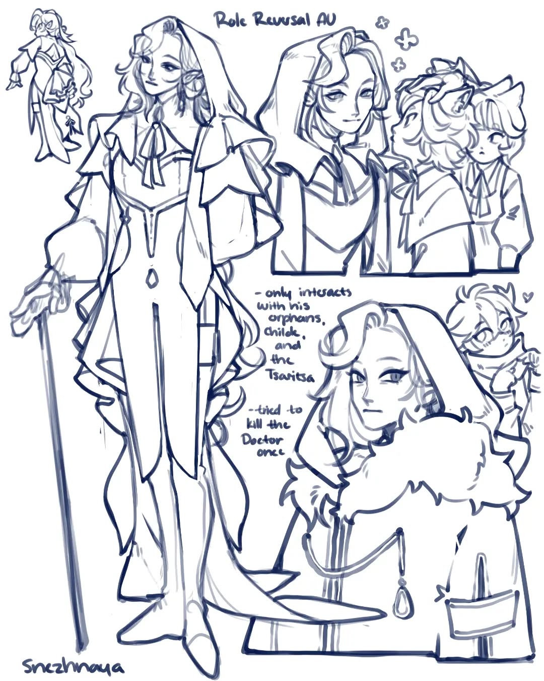 the image is a collection of character sketches, appearing to be fanart for a "role reversal au" (alternate universe) of the game genshin impact.  the sketches depict several characters in a different light from their ingame counterparts.  the primary focus is on a female version of tartaglia (childe) in a regal, almost tsaritsalike attire.   other sketches show a female tsaritsa, and possibly younger versions of some characters. notes alongside some of the sketches provide details about the characters' altered roles and behaviors in this au,  such as their limited social interactions. the style is a loose, expressive sketch style, predominantly in pencil or digital line art, lacking full color or heavy shading. the overall impression is of preliminary designs for a creative reimagining of established characters.