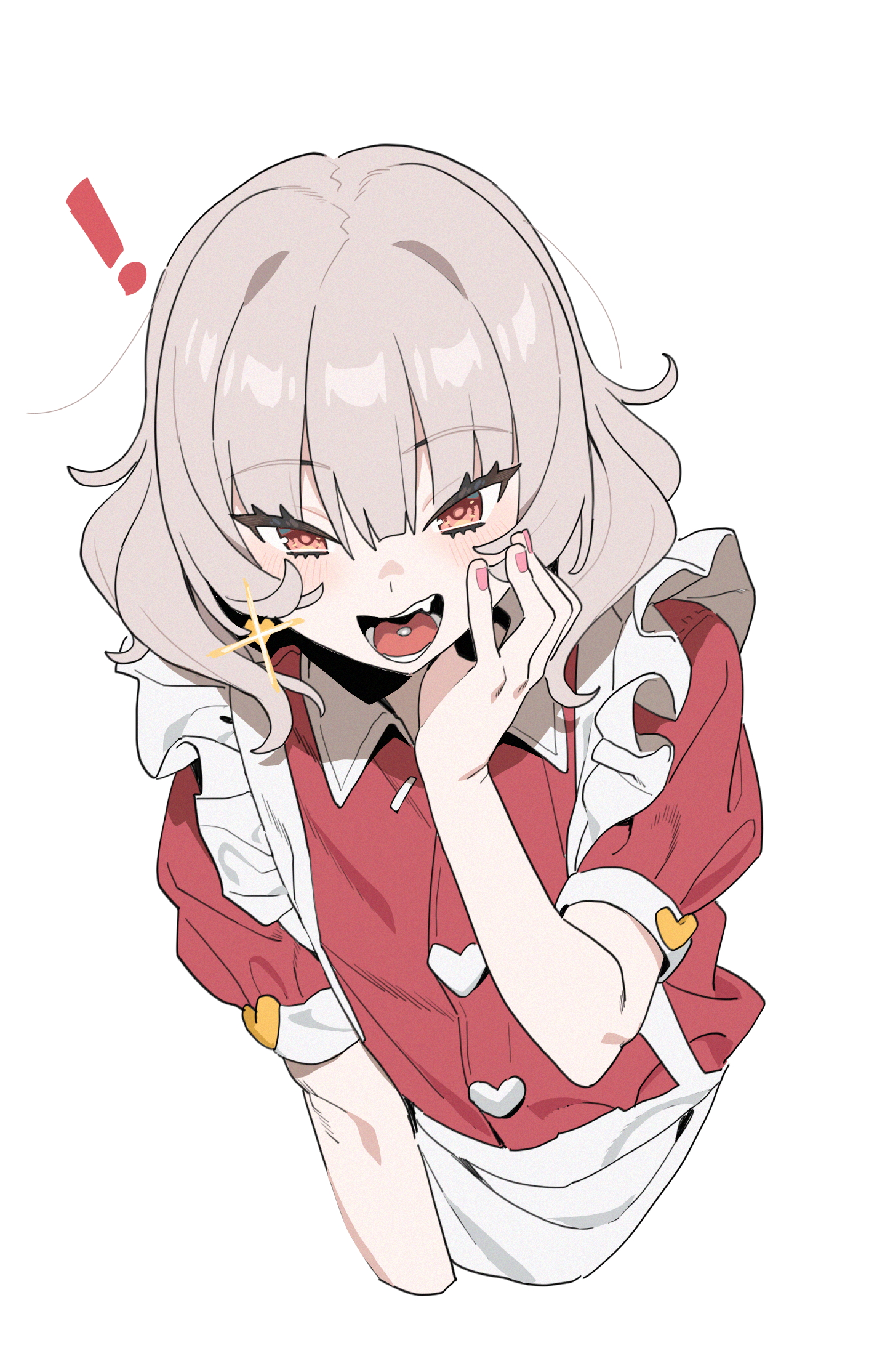 an anime illustration of a vampire anime girl wearing a maid outfit. she has pale pink hair, red eyes, and a visible fang. an exclamation mark is floating near her head, and there is a sparkly effect next to her face. she is wearing a red dress with a white apron that has heartshaped embellishments.